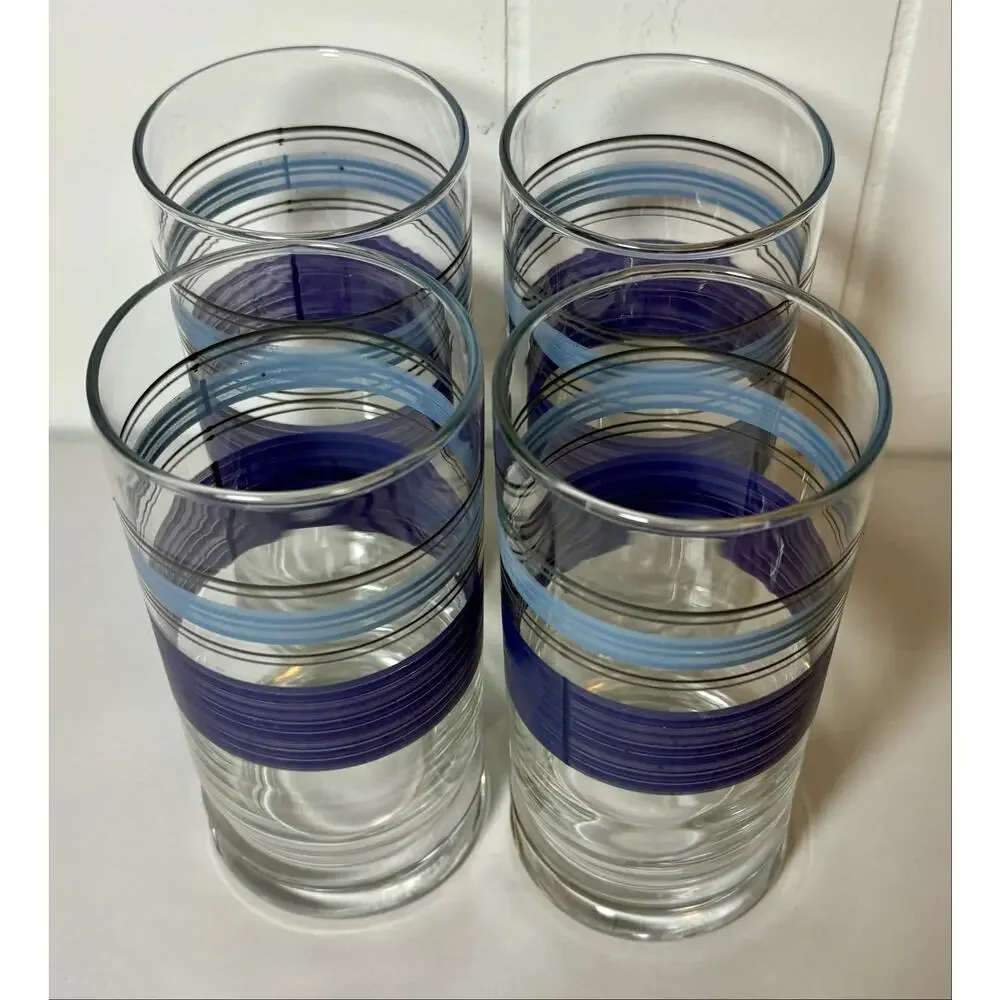 Vintage - Libbey Pfaltzgraff- Blue/Purple Banded Tumbler Glasses - Set of 4